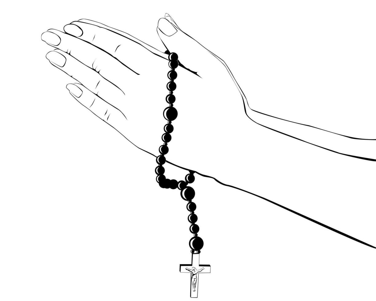 drawing hands with a rosary on a white background vector