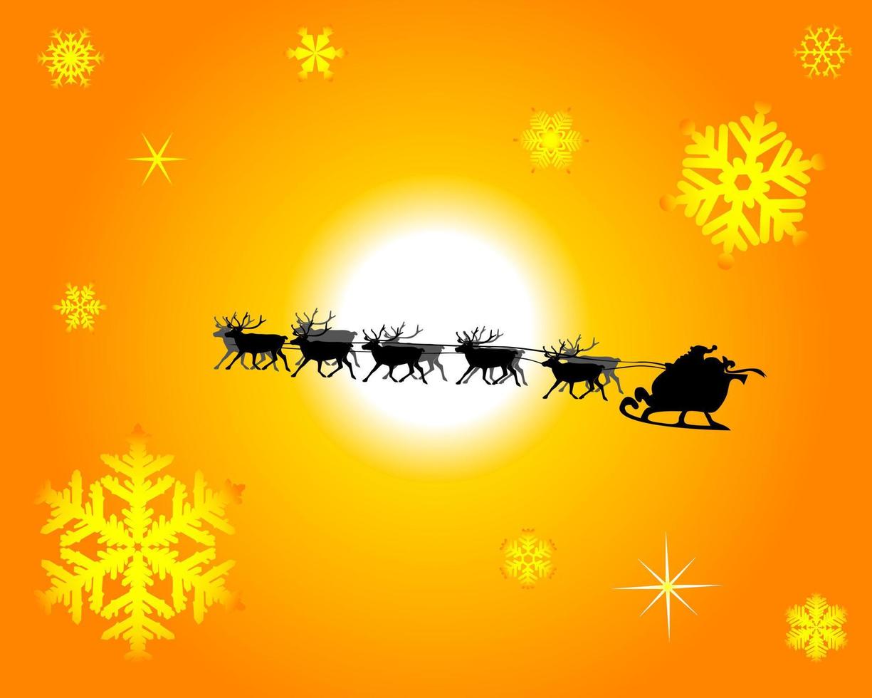 Santa Claus in a reindeer sled on an orange background vector