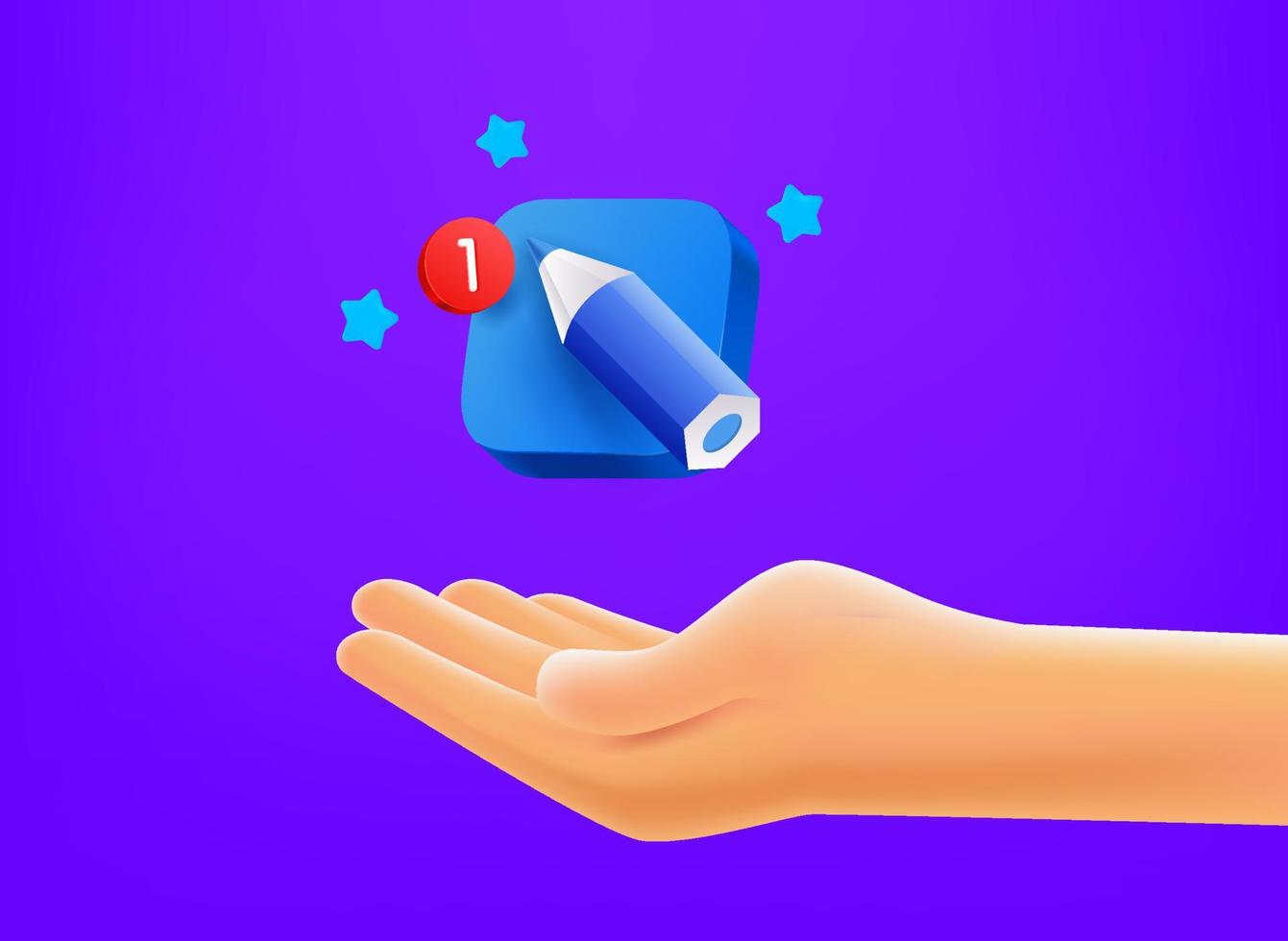 Creative concept. Hand with art app button. 3d vector mobile application icon with notification