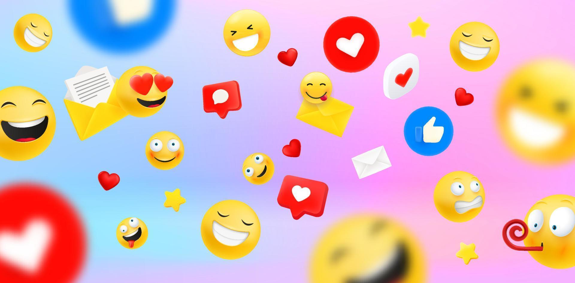 Social network communication concept with different emoji and icons. 3d vector illustration