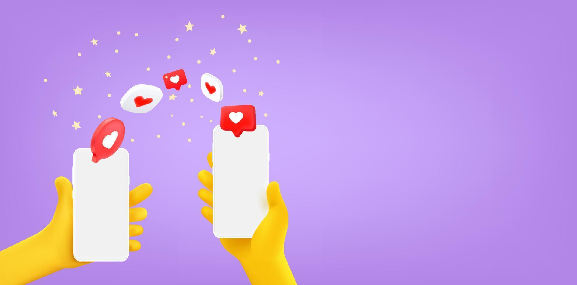 People making marks via mobile phone. 3d vector banner with copy space