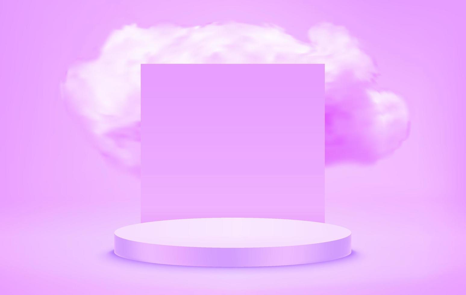 vitrina violeta brillante con podio y nube. Ilustración de vector 3d con efecto de superposición de sombras