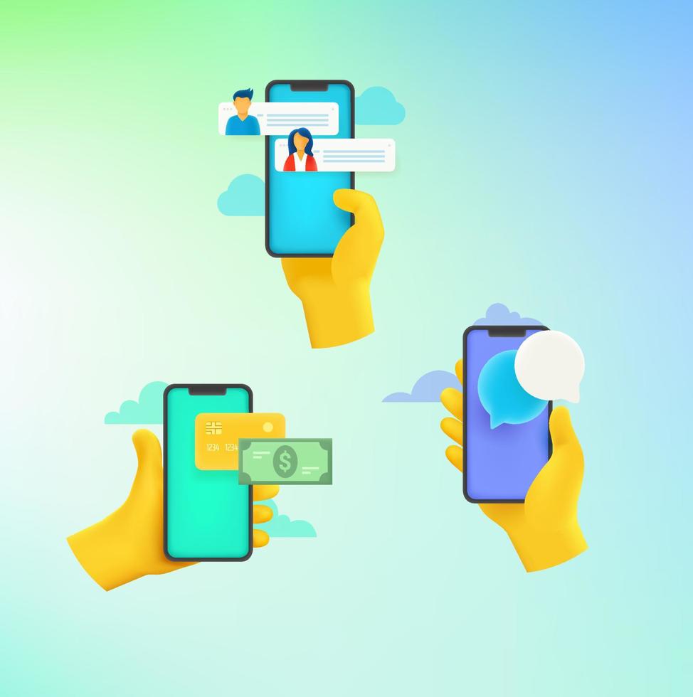Icons with smartphone. Messaging, Commerce, chat. Comic 3d style vector illustration