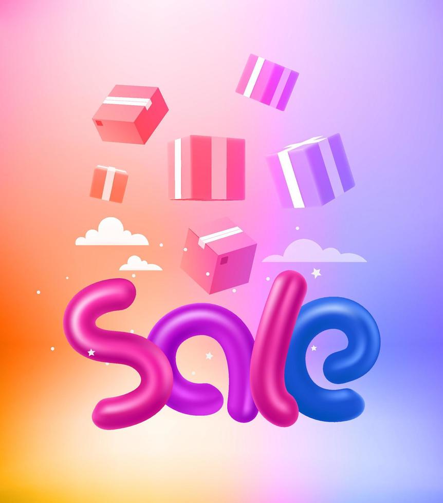 Sale concept with delivery boxes. 3d vector vertical banner