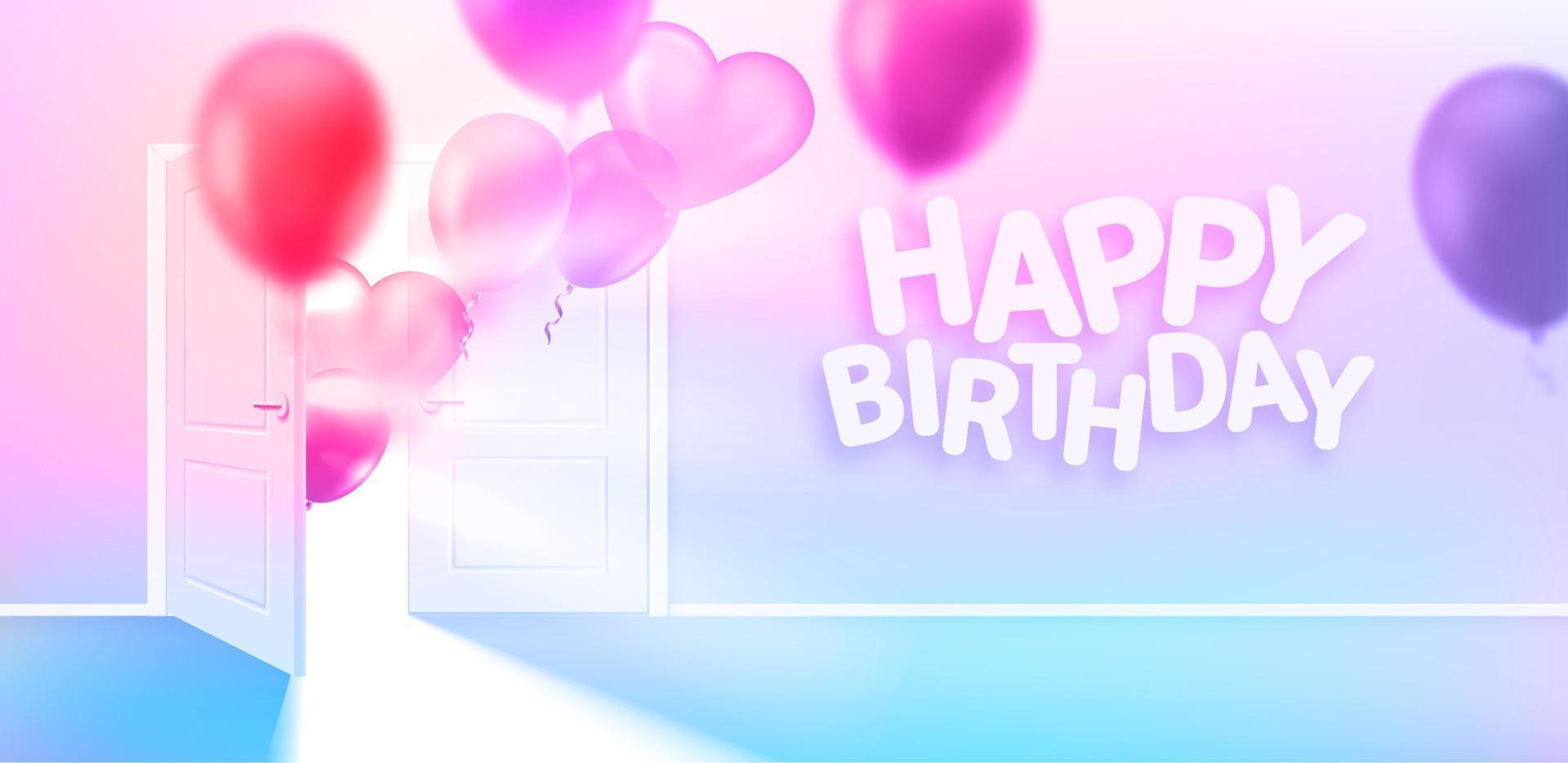 Happy birthday card with ballons. Opened door in bright interior with flying air balloons. 3d vector illustration