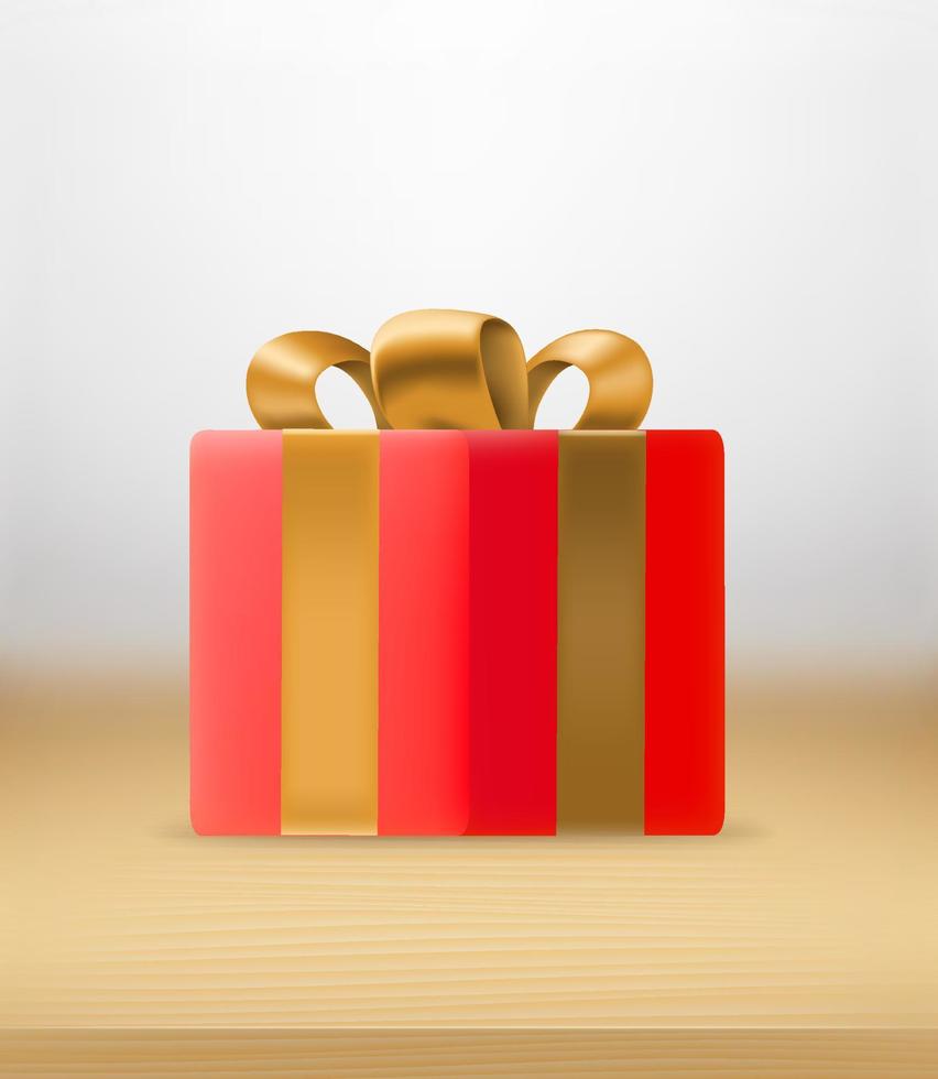 Red present box with golden ribbon on the table. Vector 3d illustration