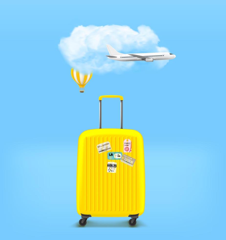 Yellow travel suitcase with paper stickers. Summer travel concept. 3d vector banner with copy space