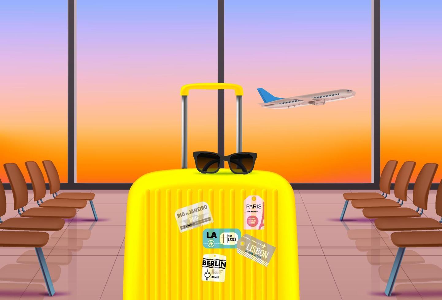 Travel bag with sunglasses in waiting hall in airport. 3d vector illustration