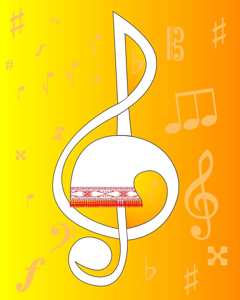 Treble clef with the Ukrainian ornament against a orange background vector