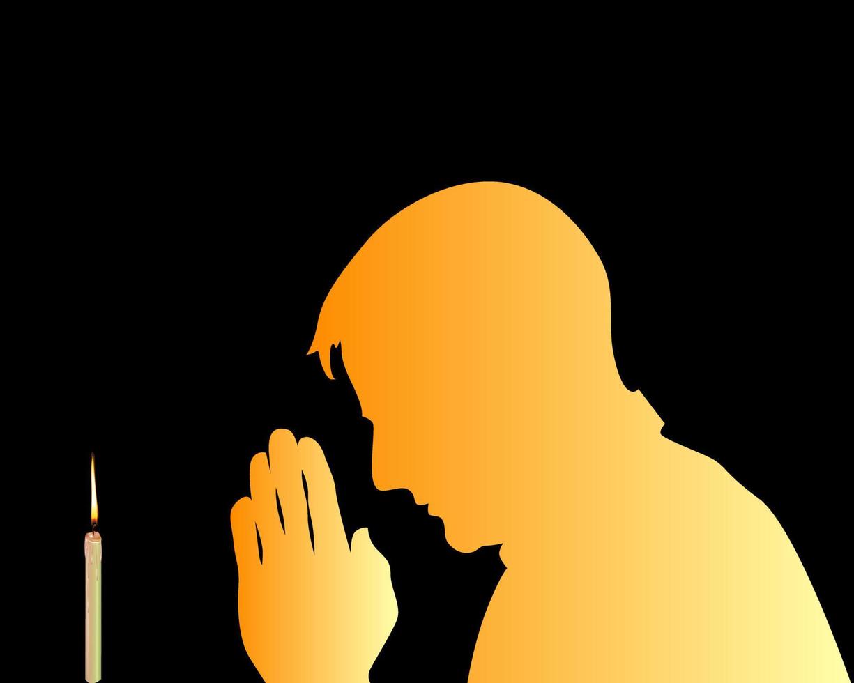 rezando frente a una vela contra un fondo negro vector