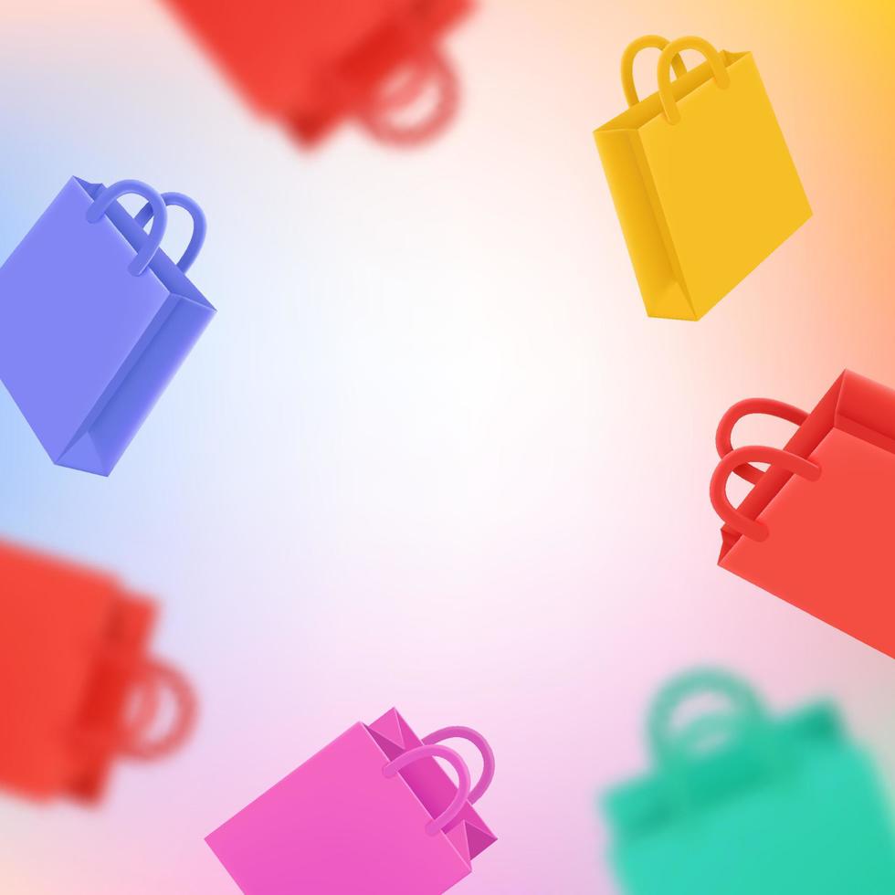 Flying color shopping bags. Online shopping. 3d vector frame with copy space