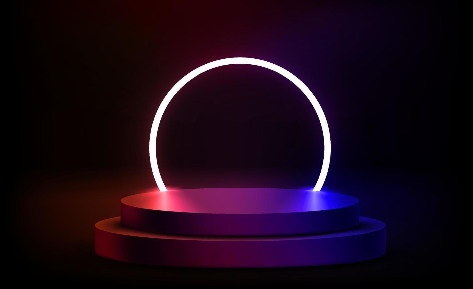 Composition with vivid neon arc and podium. 3d vector illustration