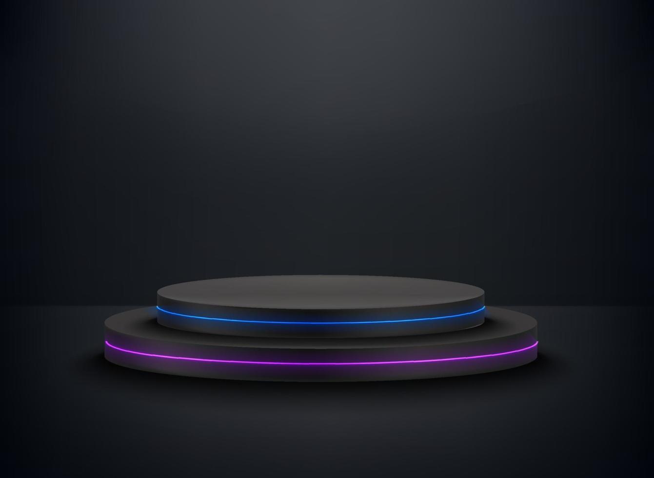 Deep black room with podium and neon glow. 3d vector premium showcase for display products