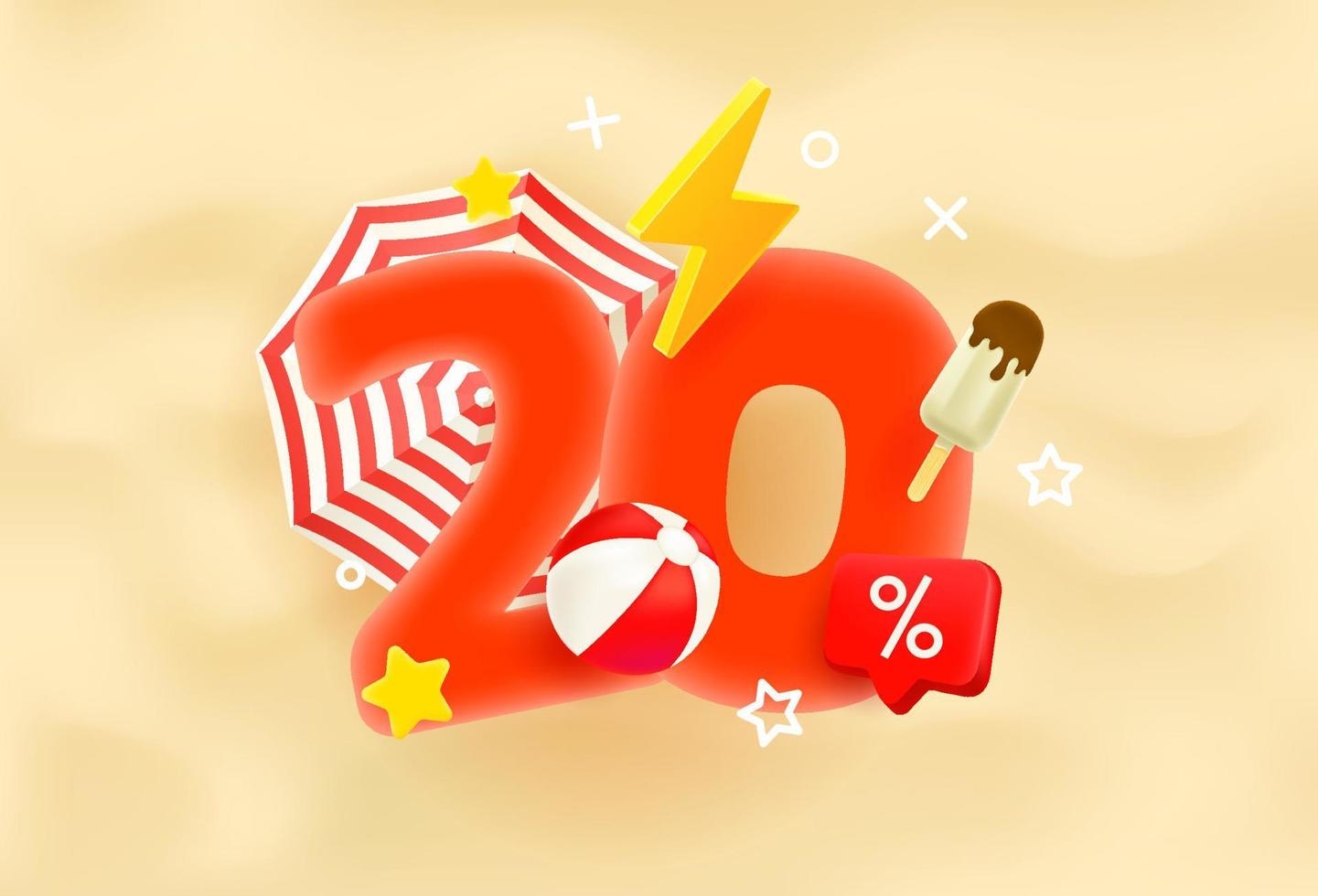 Twenty percent summer discount concept. 3d style vector illustration