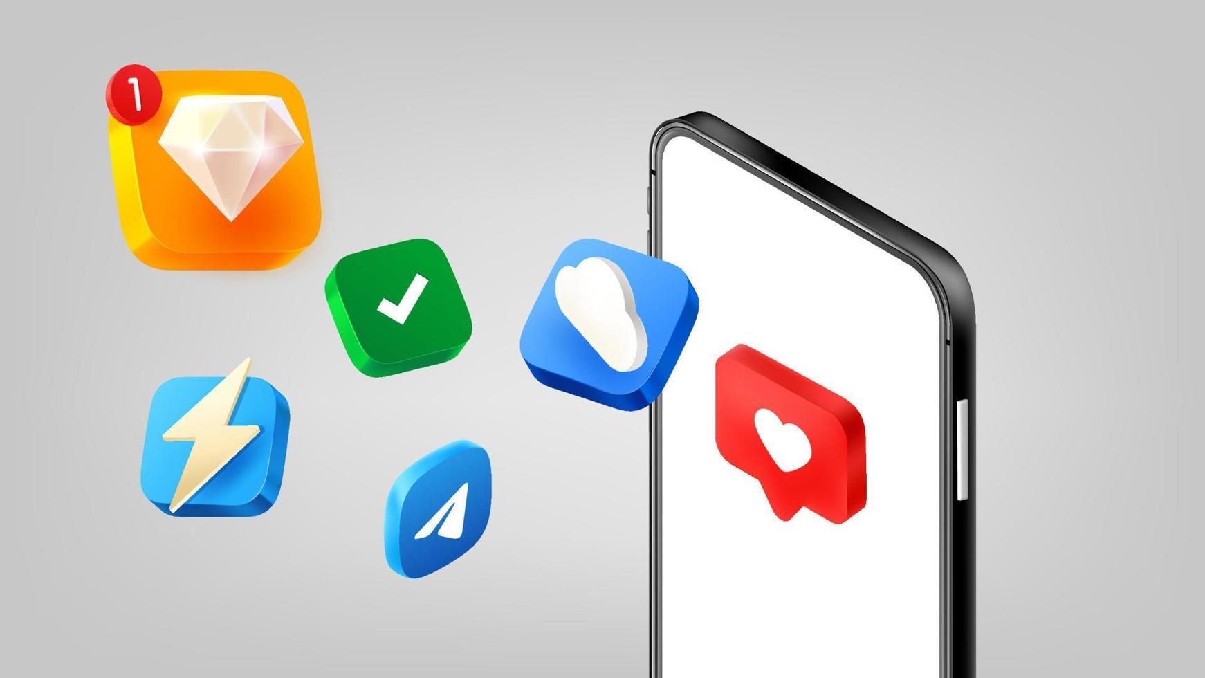 Mobile application icons with modern smartphone. 3d vector illuistration