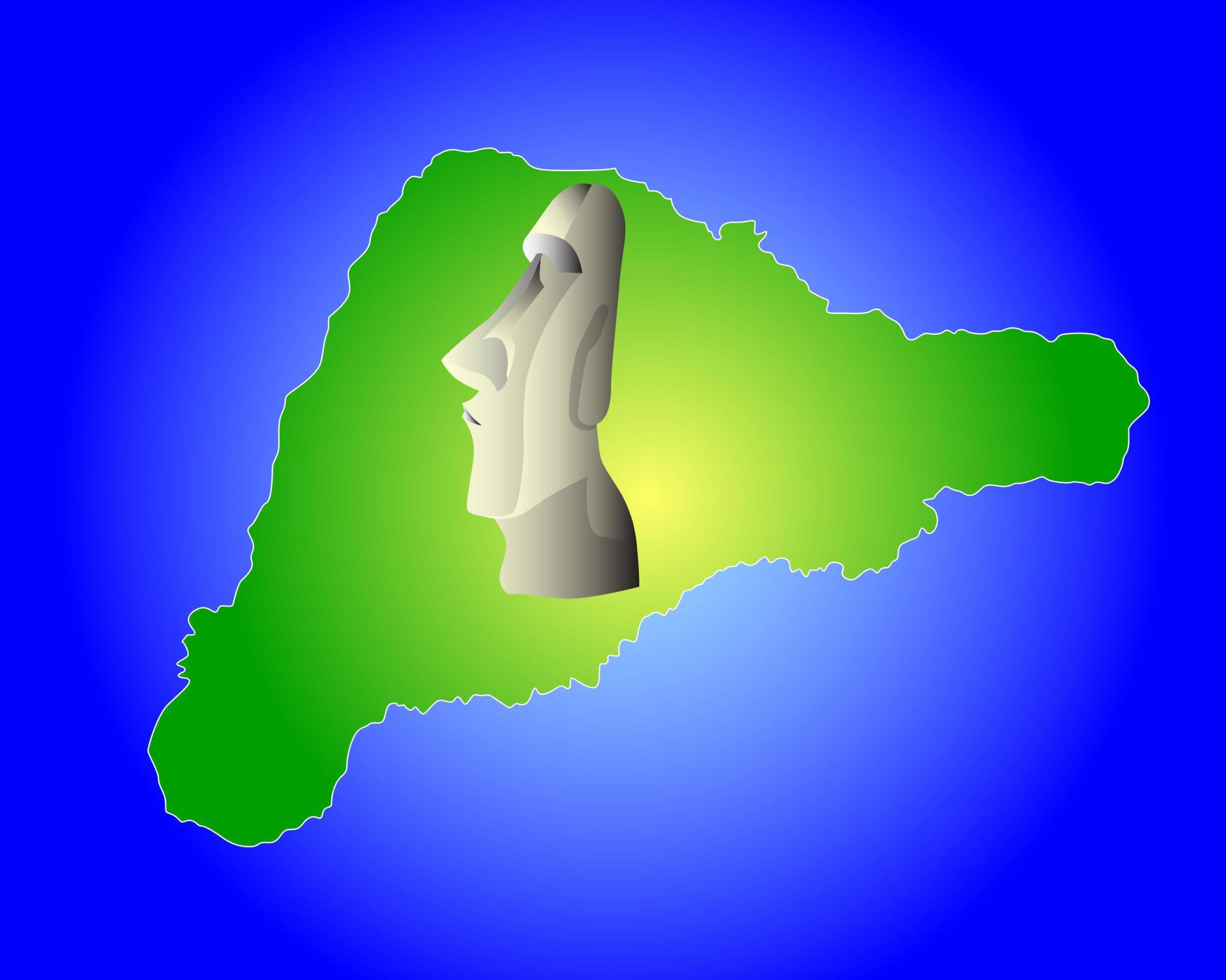 Map of Easter Island with the statue of an idol on a background of blue