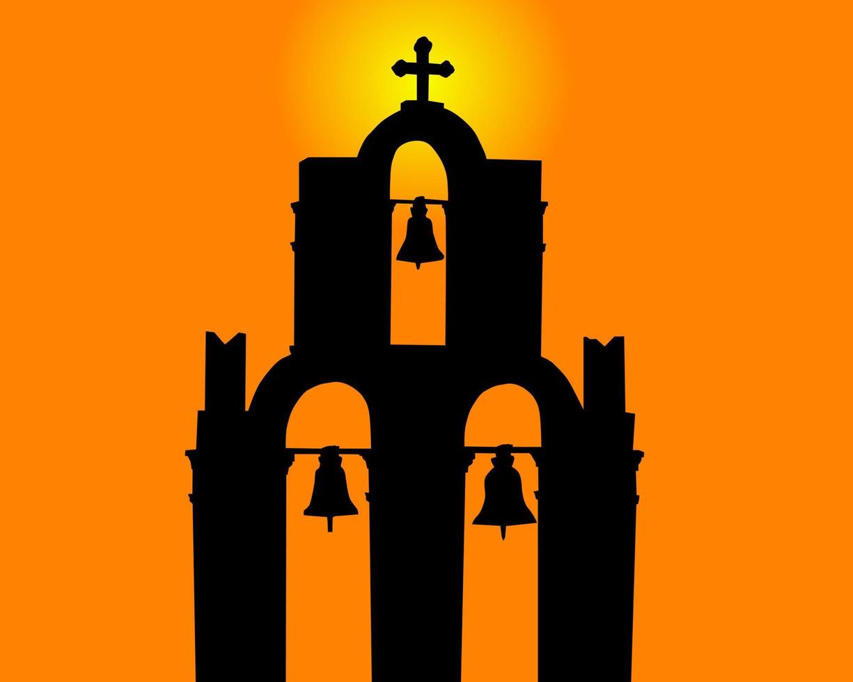 Silhouette of a belltower against the orange sky vector