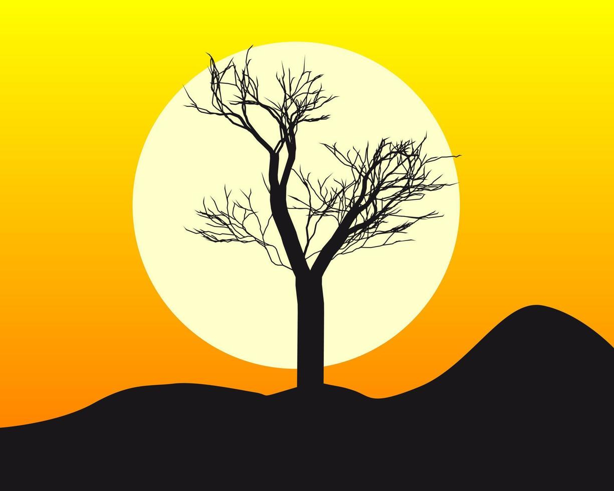 silueta de un árbol bajo el sol y el cielo naranja vector