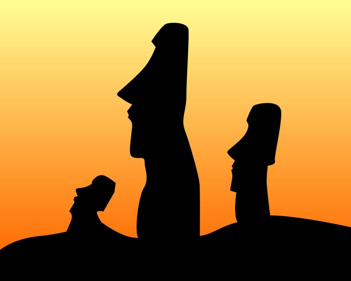 black silhouettes of the idols of Easter Island on an orange background vector