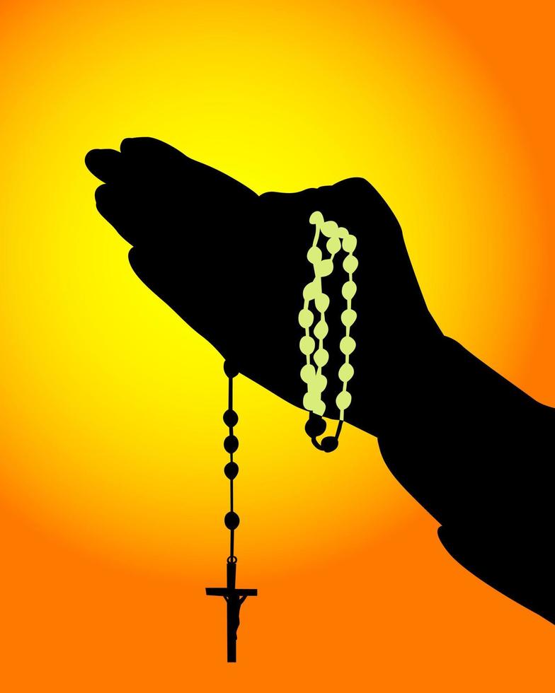 silueta de manos con un rosario sobre un fondo naranja vector