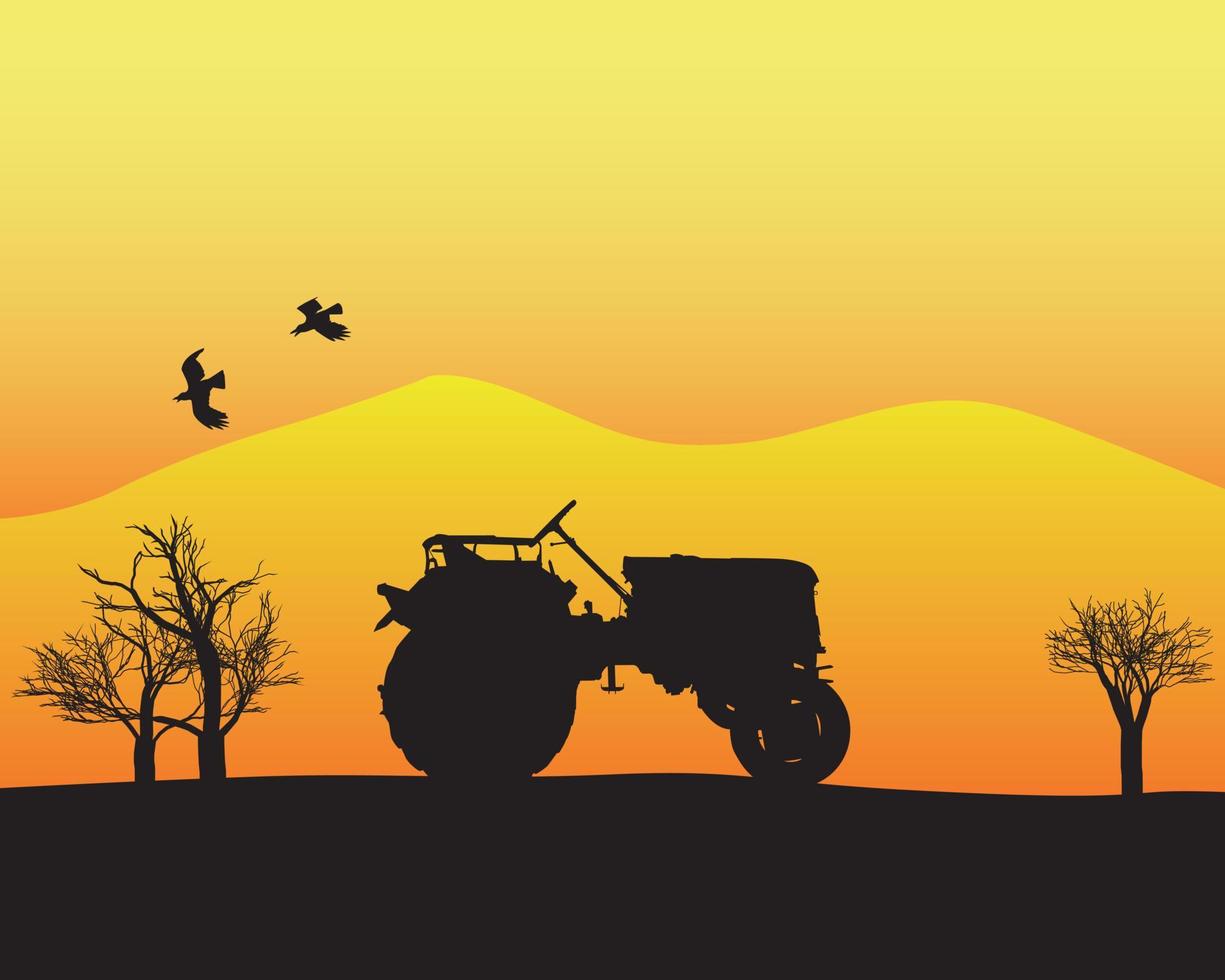 black silhouette of a tractor in the background of trees vector