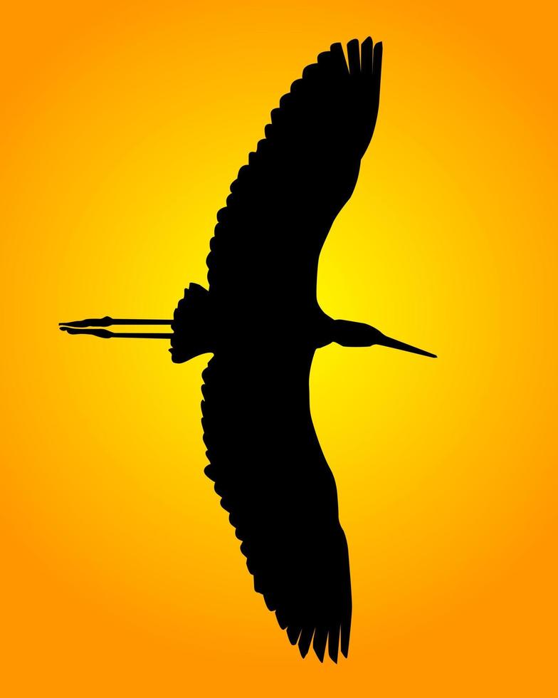 Black silhouette of a heron on an orange background vector