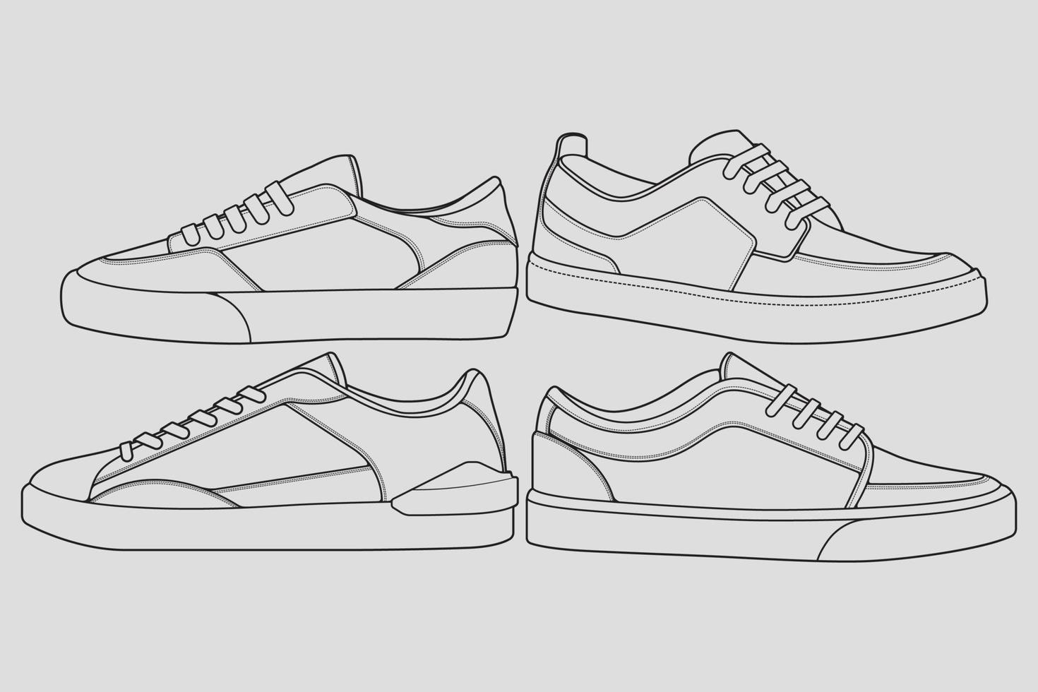 conjunto de zapatillas de deporte geniales de contorno. Vector de dibujo de contorno de zapatillas de deporte, zapatillas dibujadas en un estilo de boceto, contorno de plantilla de zapatillas de deporte, colección de conjuntos. ilustración vectorial