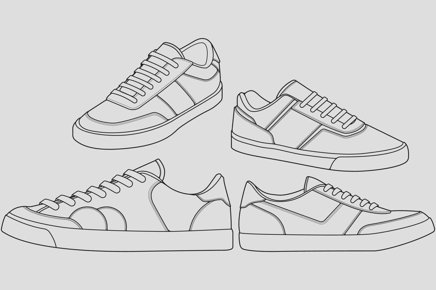 conjunto de zapatillas de deporte geniales de contorno. Vector de dibujo de contorno de zapatillas de deporte, zapatillas dibujadas en un estilo de boceto, contorno de plantilla de zapatillas de deporte, colección de conjuntos. ilustración vectorial