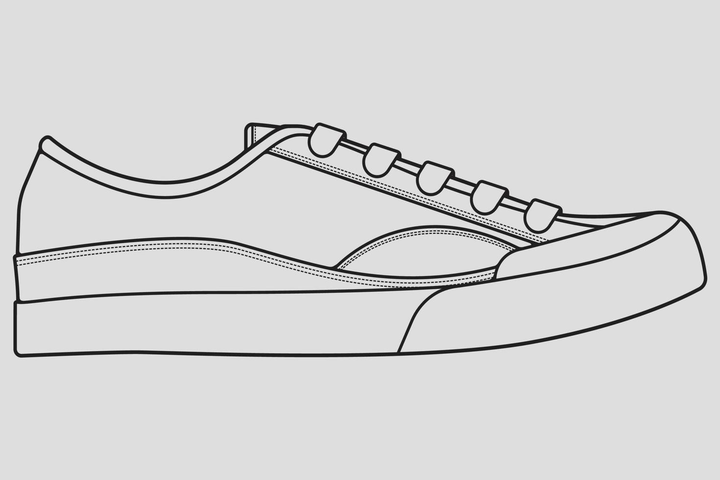 Shoes sneaker outline drawing vector, Sneakers drawn in a sketch style, black line sneaker trainers template outline, vector Illustration.