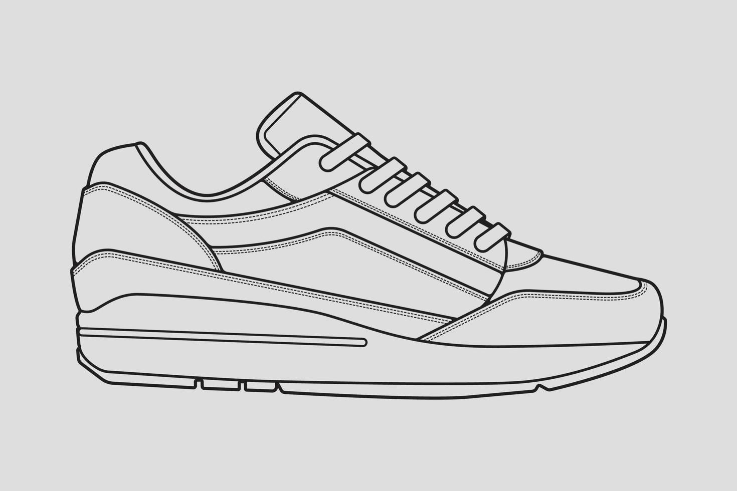 vector de dibujo de contorno de zapatillas de deporte, zapatillas dibujadas en un estilo de boceto, contorno de plantilla de zapatillas de deporte de línea negra, ilustración vectorial.