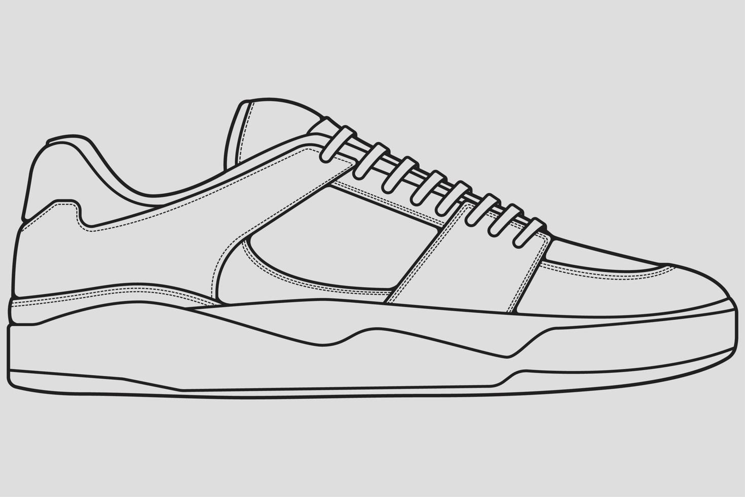 Shoes sneaker outline drawing vector, Sneakers drawn in a sketch style, black line sneaker trainers template outline, vector Illustration.