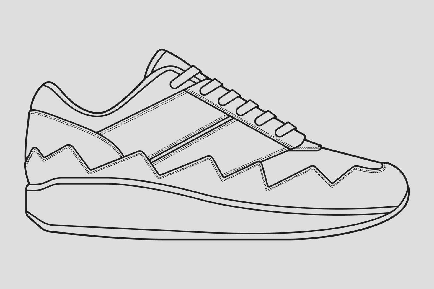 vector de dibujo de contorno de zapatillas de deporte, zapatillas dibujadas en un estilo de boceto, contorno de plantilla de zapatillas de deporte de línea negra, ilustración vectorial.