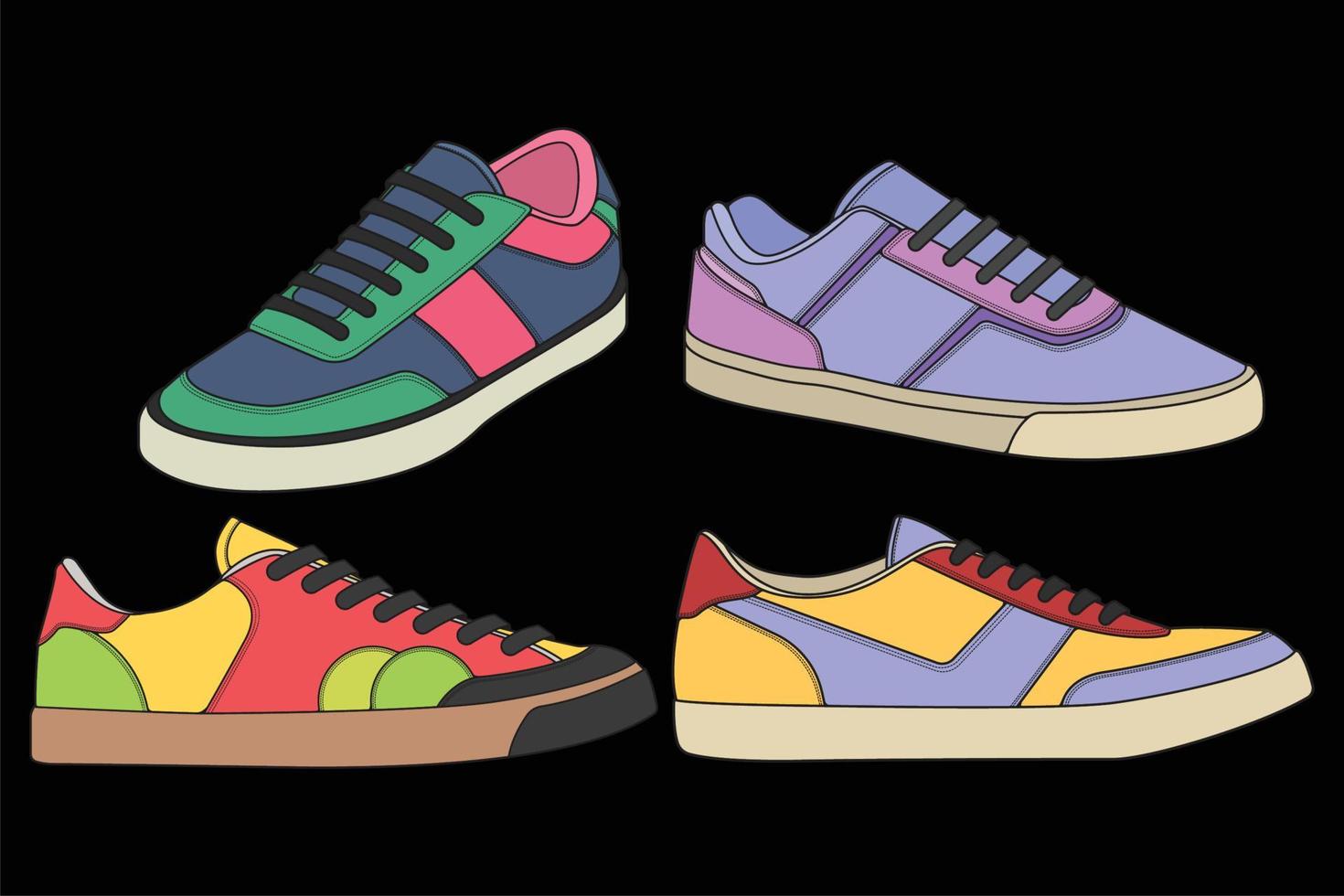 conjunto de zapatillas geniales. vector de dibujo de zapatillas de deporte, zapatillas dibujadas en un estilo de boceto, plantilla de entrenadores de zapatillas, colección de conjuntos. ilustración vectorial