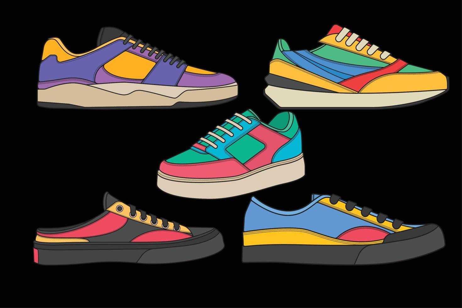 conjunto de zapatillas geniales. vector de dibujo de zapatillas de deporte, zapatillas dibujadas en un estilo de boceto, plantilla de entrenadores de zapatillas, colección de conjuntos. ilustración vectorial