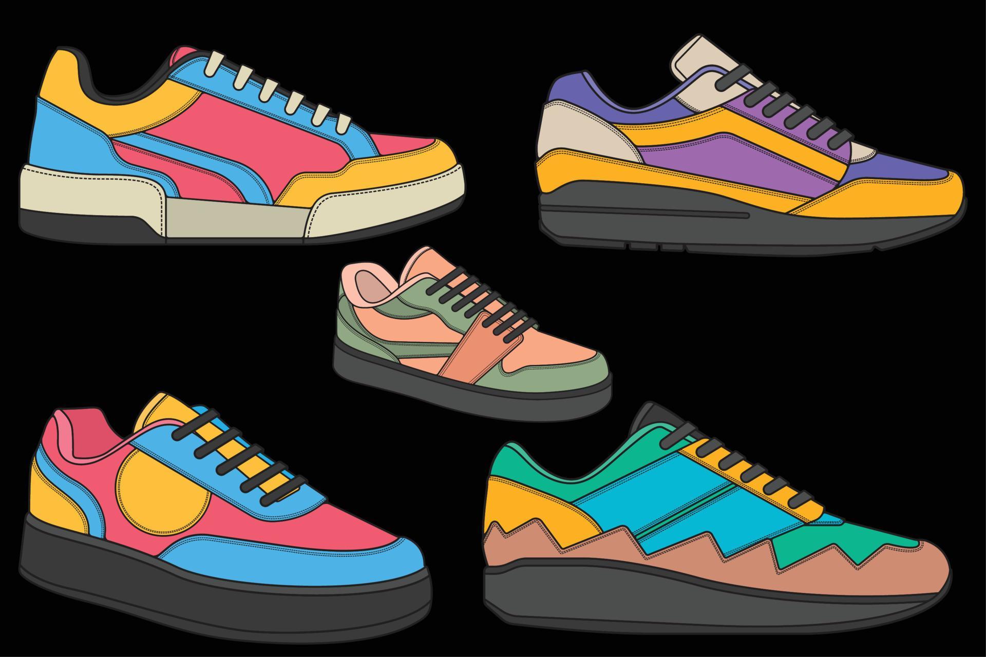 set of Cool Sneakers. Shoes sneaker drawing vector, Sneakers drawn in a