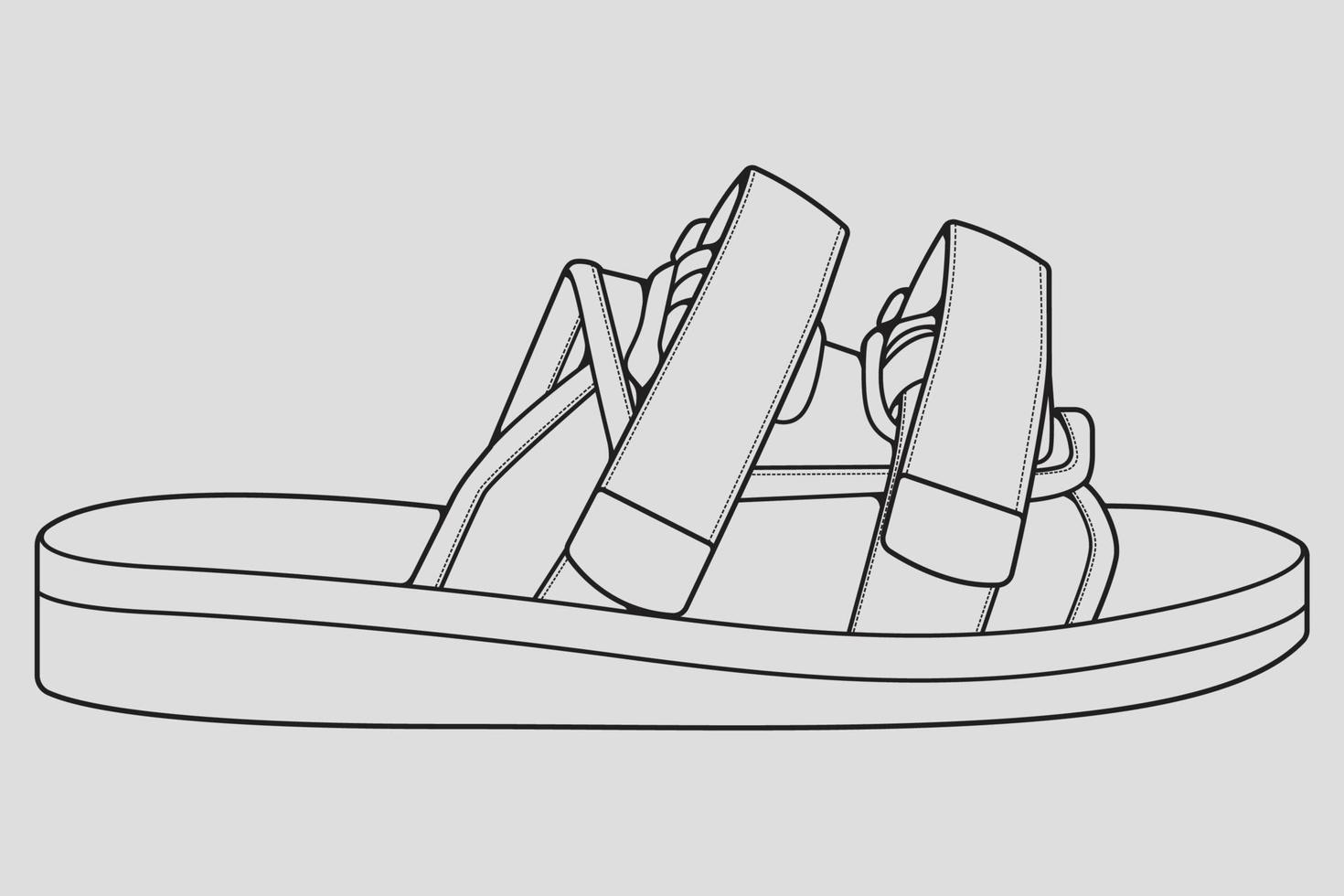 strap sandals outline drawing vector, strap sandals in a sketch style, trainers template outline, vector Illustration.