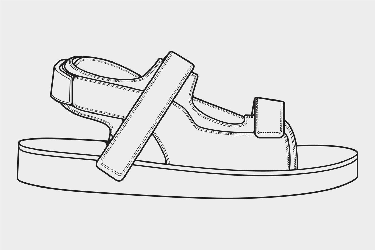 vector de dibujo de contorno de sandalias de correa, sandalias de correa en un estilo de boceto, esquema de plantilla de entrenadores, ilustración vectorial.