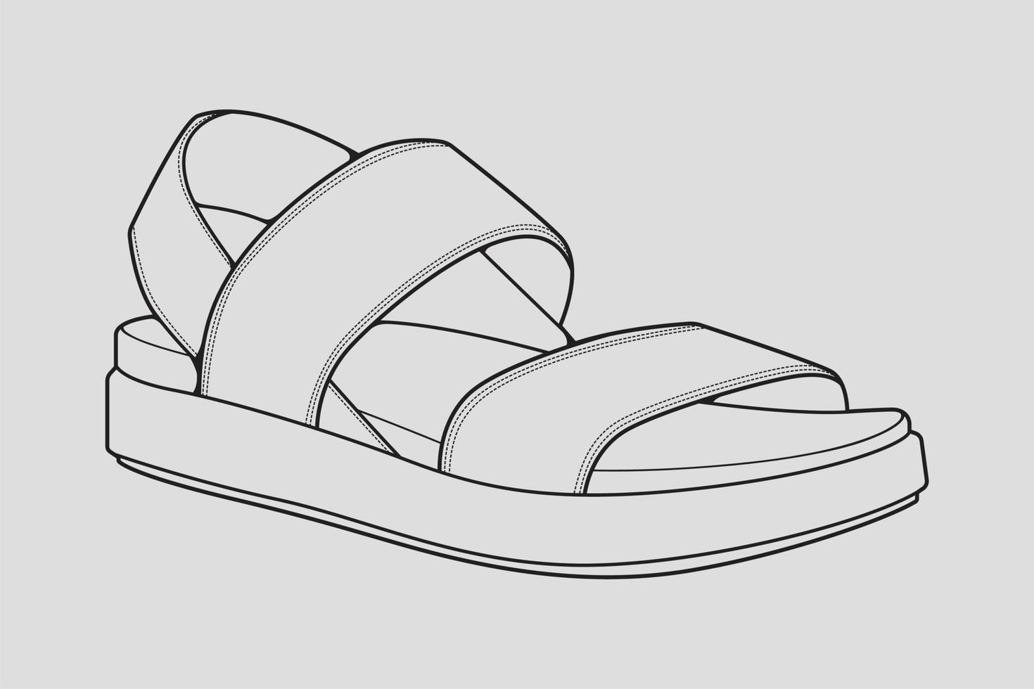 strap sandals outline drawing vector, strap sandals in a sketch style, trainers template outline, vector Illustration.