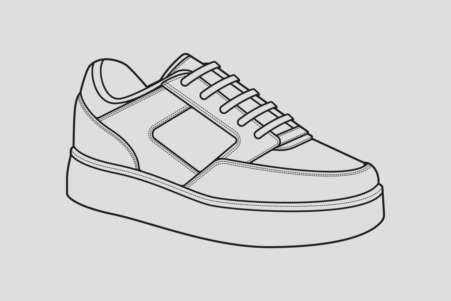 vector de dibujo de contorno de zapatillas de deporte, zapatillas dibujadas en un estilo de boceto, contorno de plantilla de zapatillas de deporte de línea negra, ilustración vectorial.