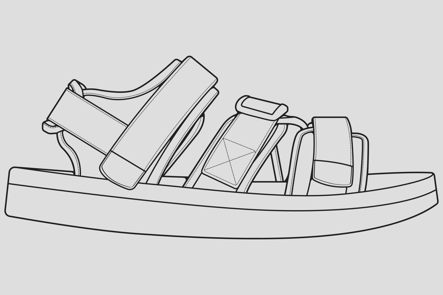 strap sandals outline drawing vector, strap sandals in a sketch style, trainers template outline, vector Illustration.