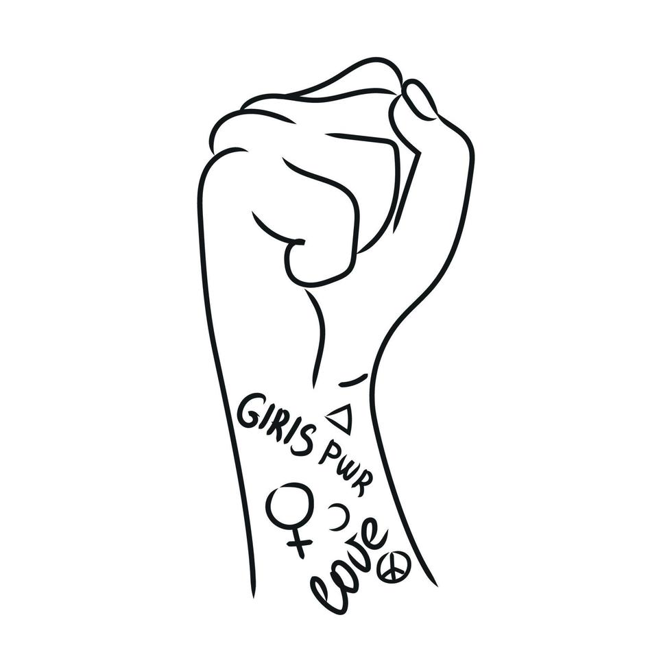 Female hand with fist raised up vector outline illustration ...