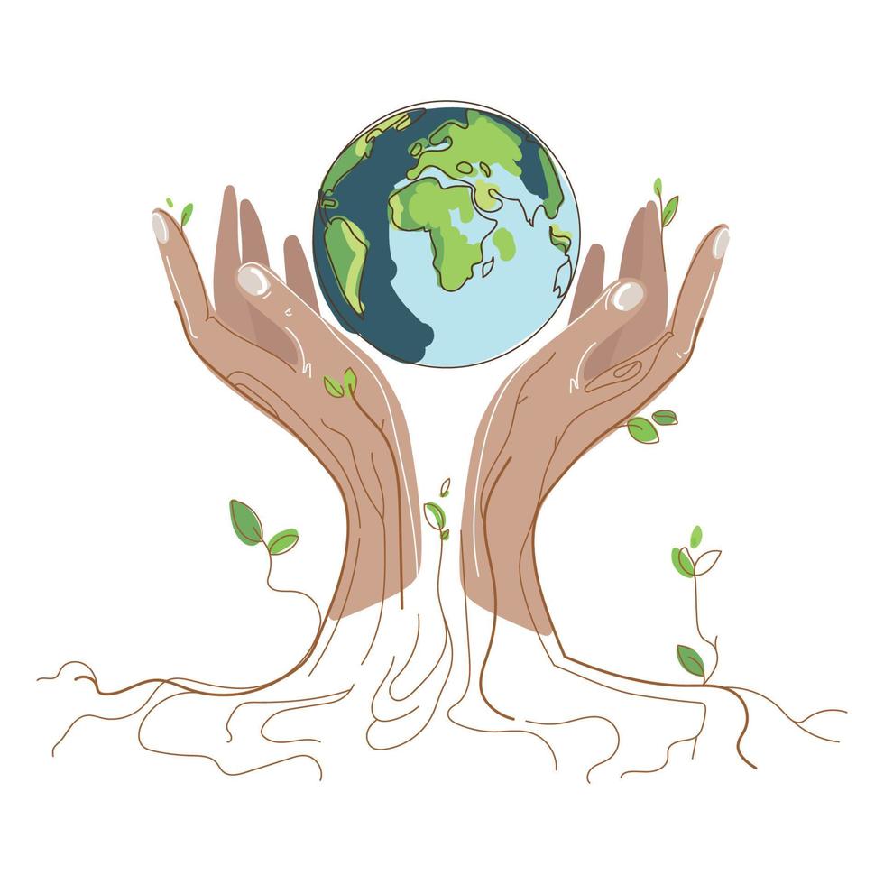 Save the world concept.Planet earth in human hands with foliage and tree roots on a white background sketch style drawing.World climate change.Vector illustration vector