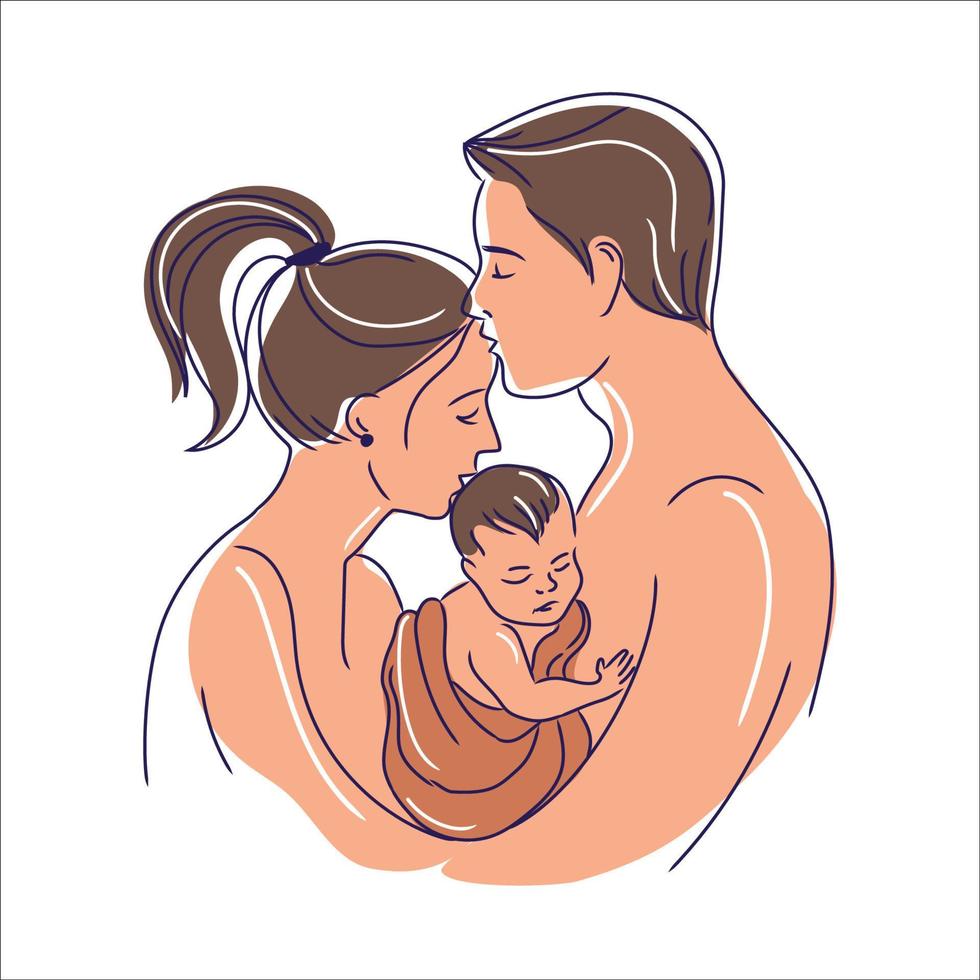 Young smiling parents mother and father family holding small toddler infant newborn baby.Happy family and childhood concept. Vector illustration in modern style
