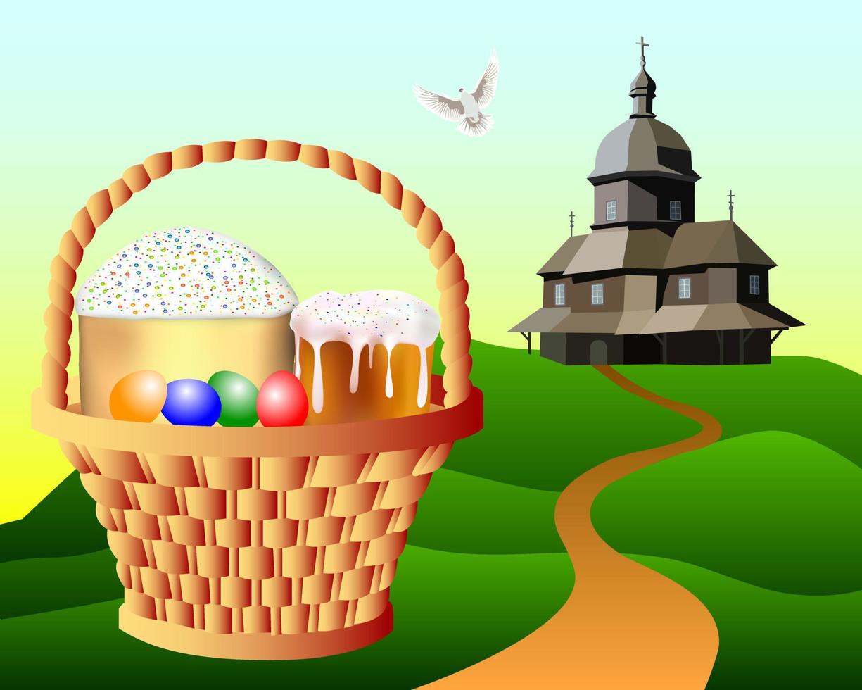 canasta con tortas de pascua y huevos en el fondo de la iglesia vector