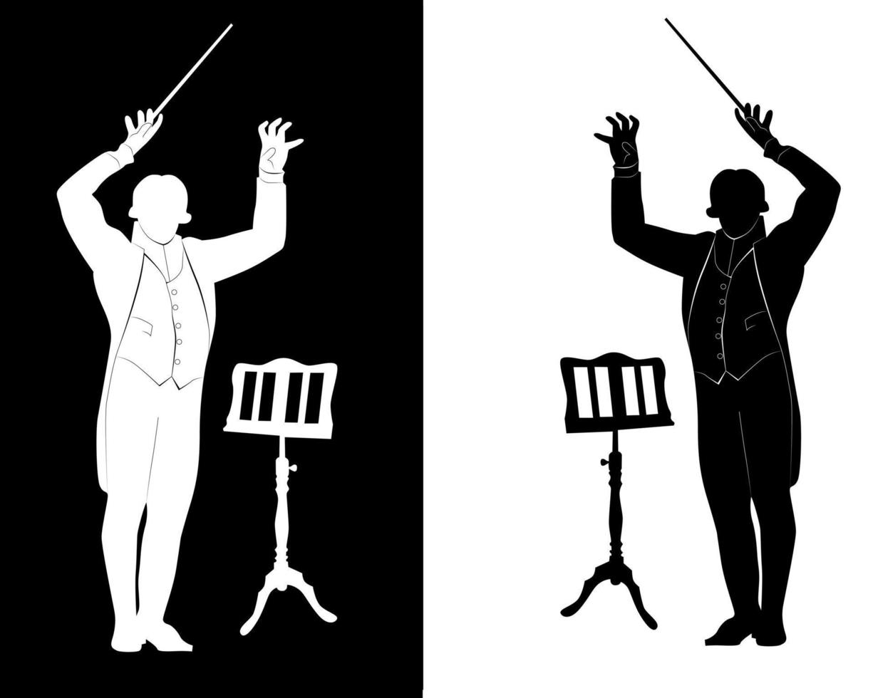 silueta del puesto de música del conductor con un fondo blanco y negro vector