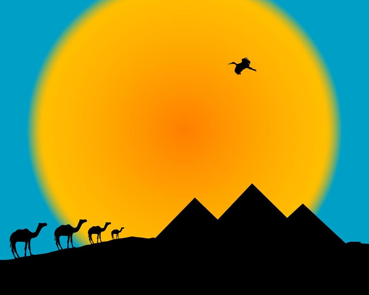 silueta de una caravana de camellos y las pirámides egipcias vector