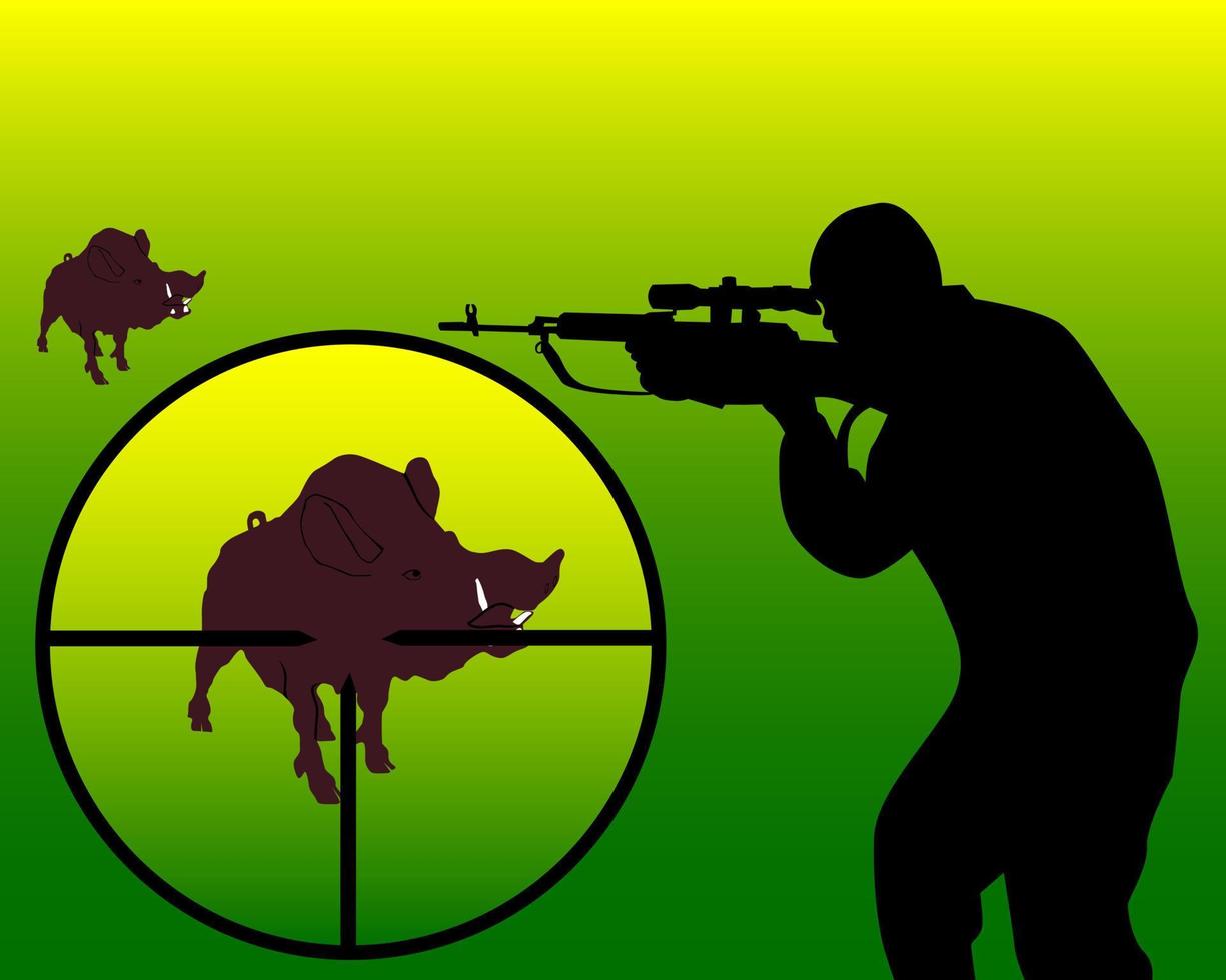 silhouette of a hunter on a wild boar on a yellow-green background vector