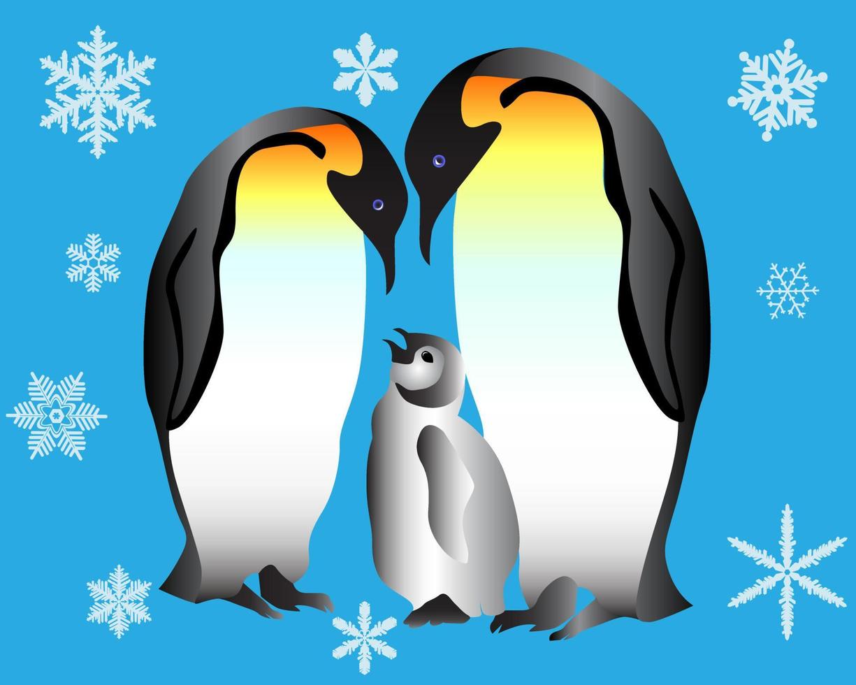 dos pingüinos y su cachorro sobre un fondo azul vector