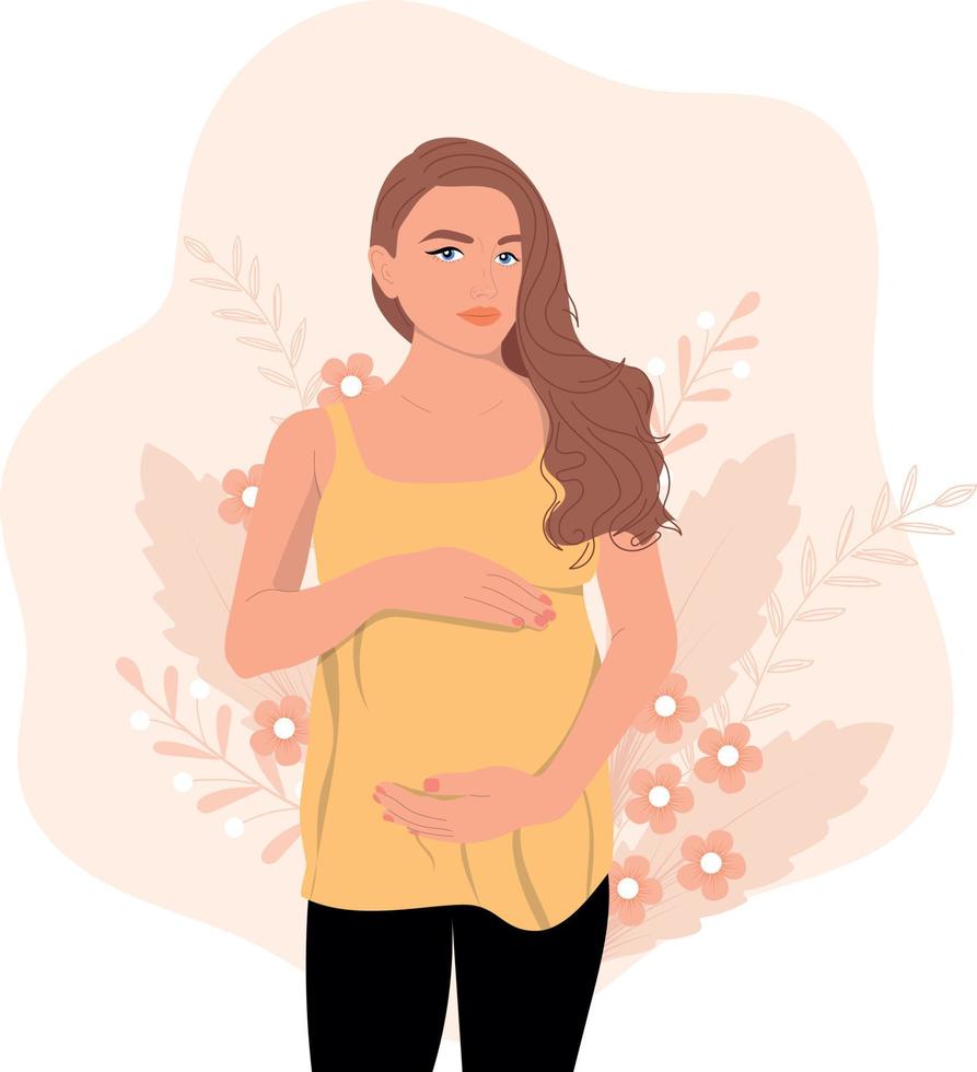 mujer embarazada con las manos sobre su vientre. vector