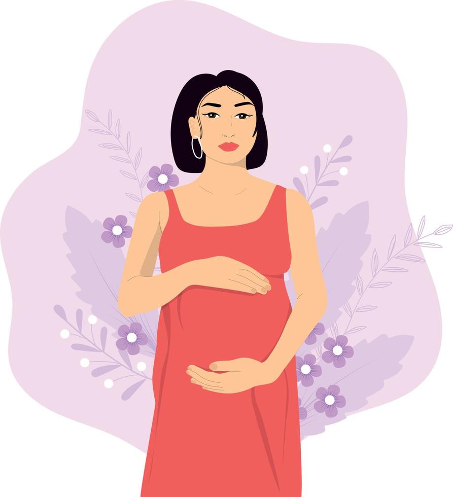 mujer asiática embarazada con las manos sobre su vientre. vector